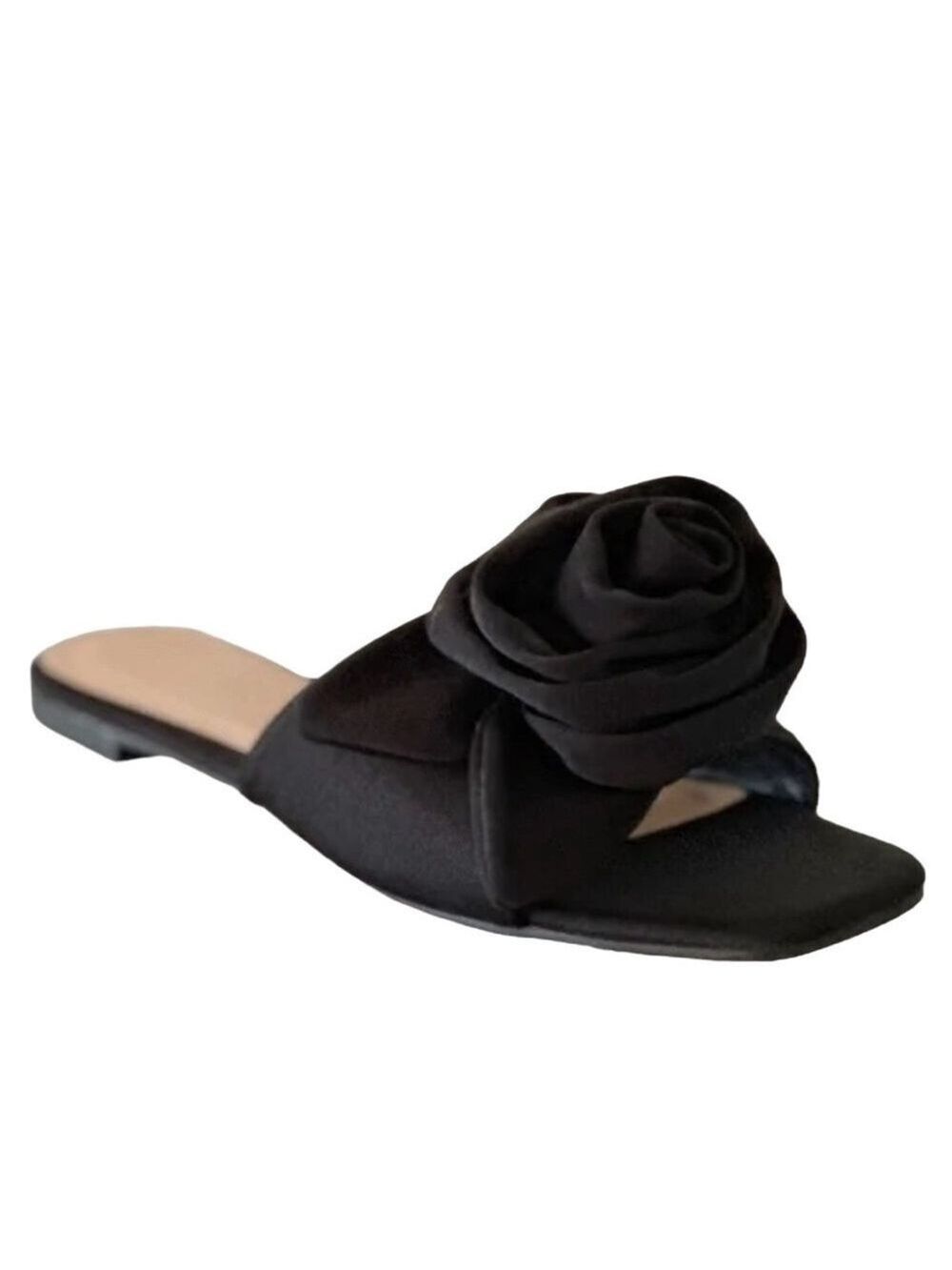 Bamboo Buzzing Rosette Flat Slip-On Slide Sandals in Black Satin